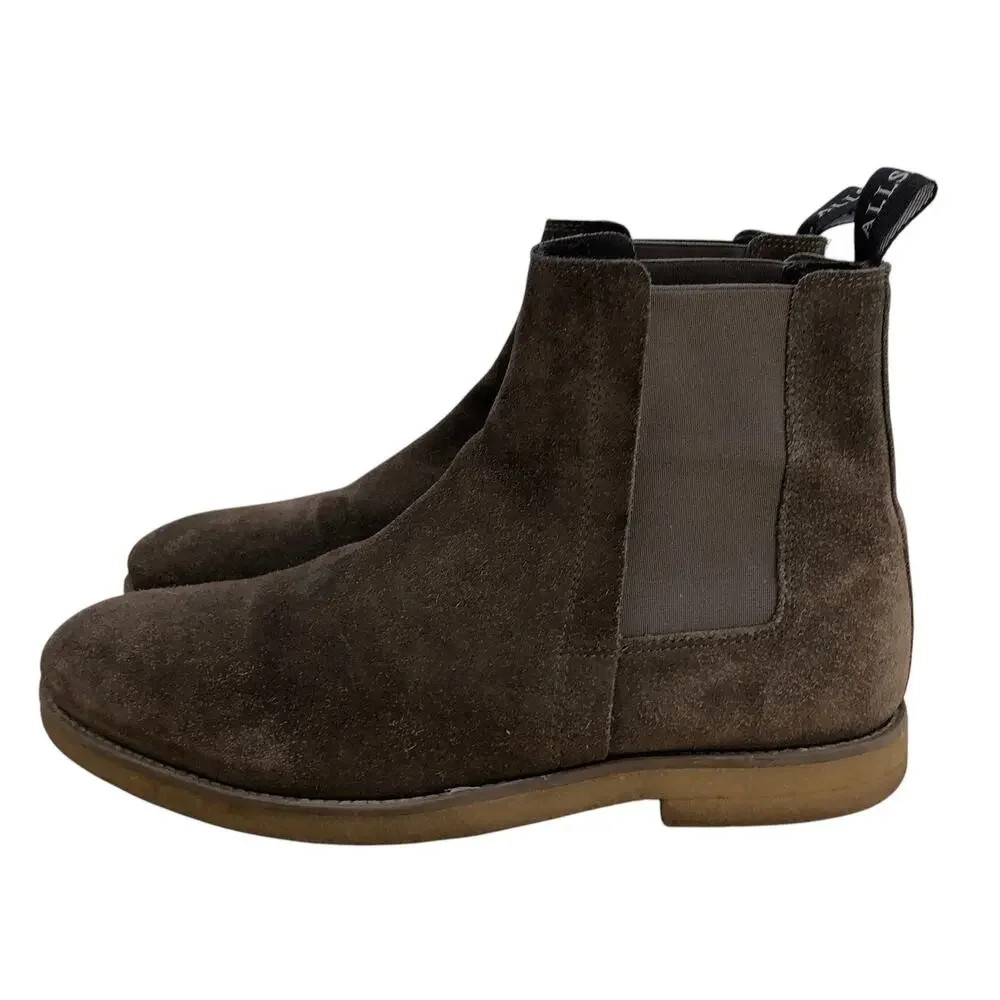 AllSaints Chelsea Boots Mens 9 Brown Suede Elastic Side Pull Tab Rubber Sole